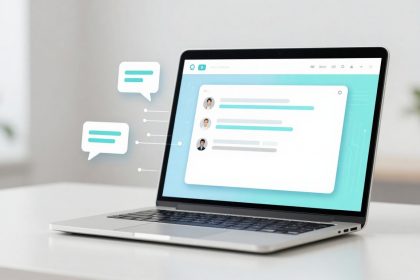 A laptop on a white table displays a chat interface with user icons and text bubbles. Additional chat bubbles float beside the screen.