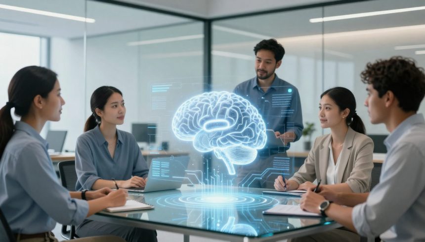 A group of five people in a modern office, focused on a holographic brain projection on a glass table. They're engaged in discussion, with laptops and notebooks. The atmosphere is collaborative and futuristic.