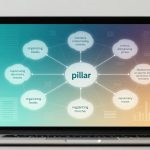 A laptop displays a mind map with the central word "pillar" connected to various nodes with illegible text. The background is a gradient of blue to orange.