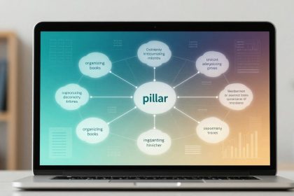 A laptop displays a mind map with the central word "pillar" connected to various nodes with illegible text. The background is a gradient of blue to orange.