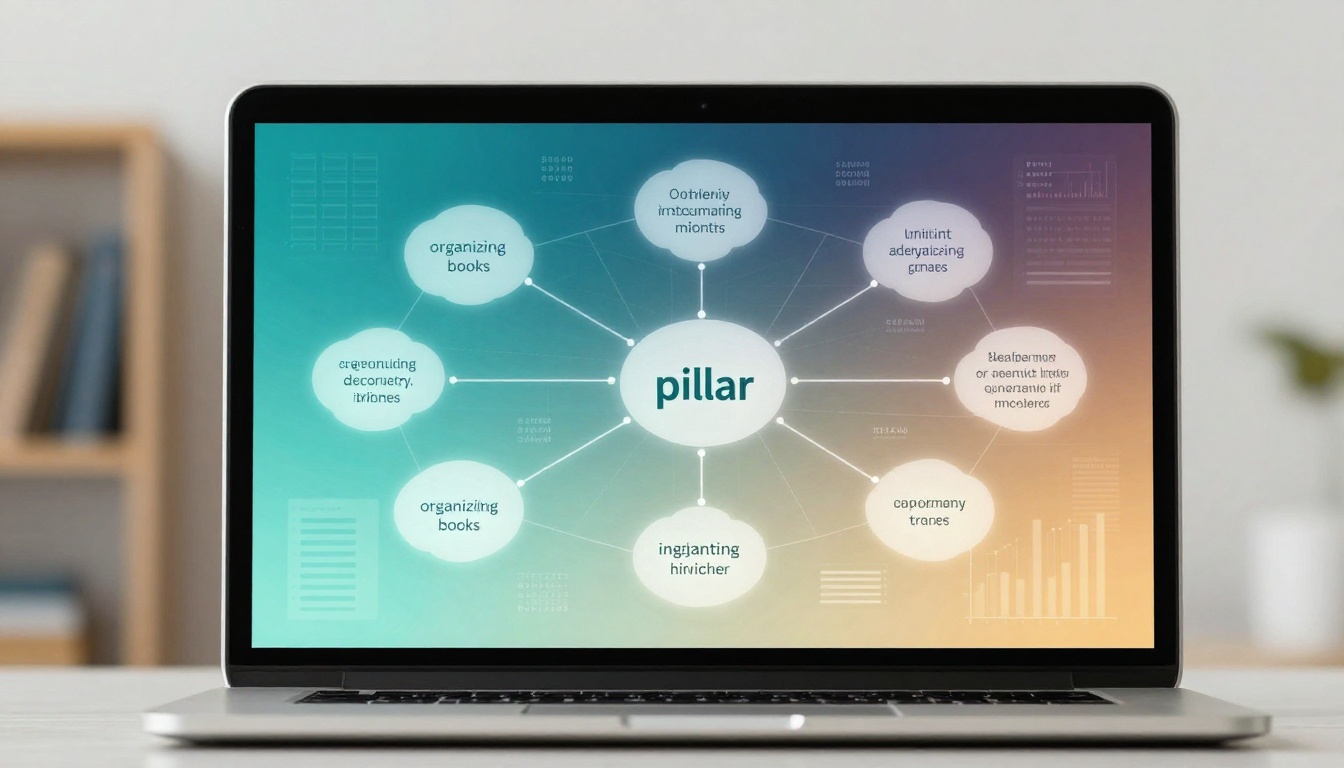 A laptop displays a mind map with the central word "pillar" connected to various nodes with illegible text. The background is a gradient of blue to orange.