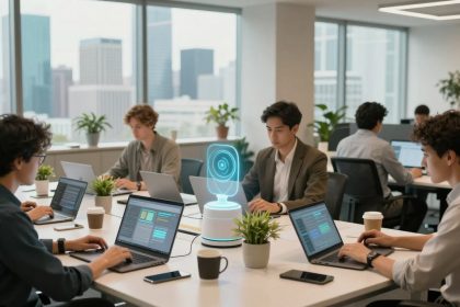 People working at desks with laptops in a modern office. A holographic display is on a table, surrounded by plants and coffee cups. Large windows show a cityscape outside.