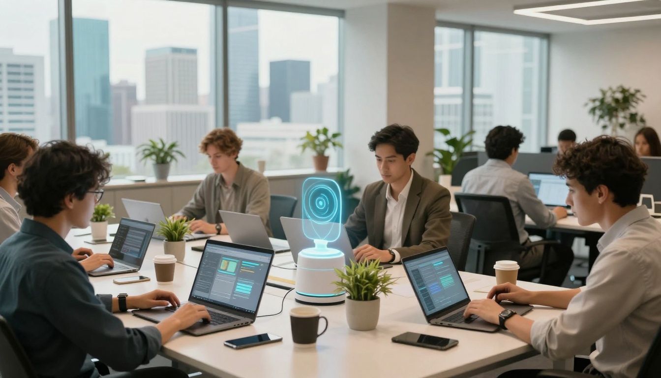People working at desks with laptops in a modern office. A holographic display is on a table, surrounded by plants and coffee cups. Large windows show a cityscape outside.