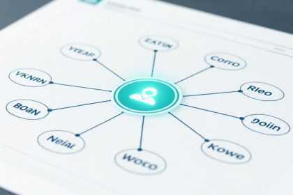 A diagram on graph paper showing a central glowing icon of a person connected by lines to eight circles labeled with text, including "Boan," "VKNRN," and "YCEAP."