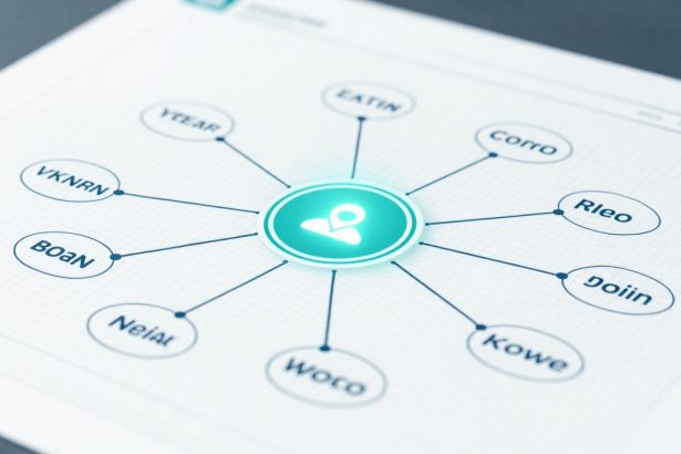 A diagram on graph paper showing a central glowing icon of a person connected by lines to eight circles labeled with text, including "Boan," "VKNRN," and "YCEAP."