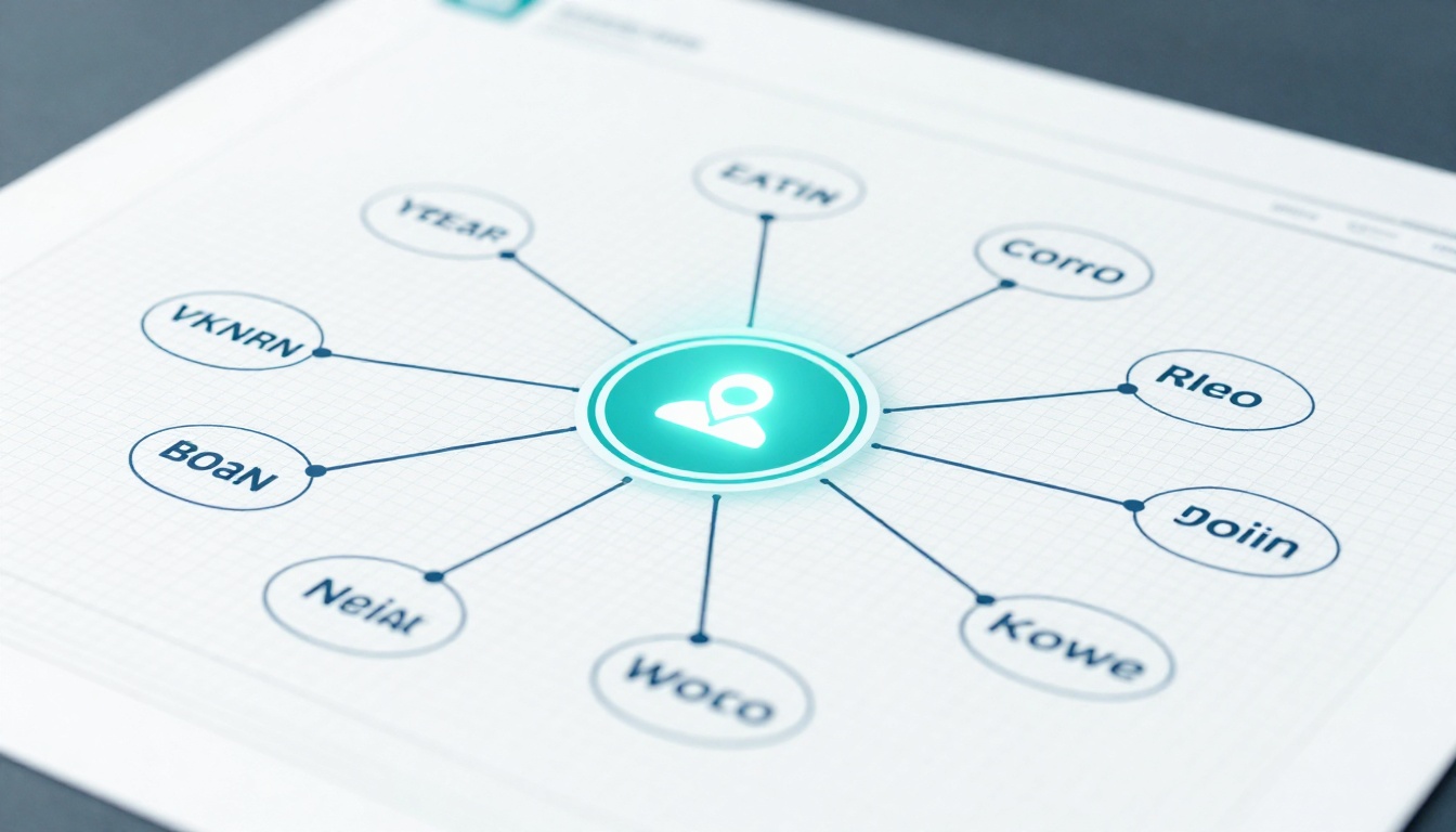 A diagram on graph paper showing a central glowing icon of a person connected by lines to eight circles labeled with text, including "Boan," "VKNRN," and "YCEAP."