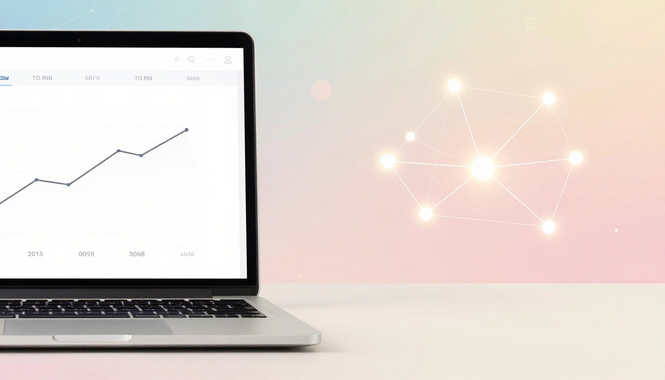 A laptop displays a line graph showing upward trends. The background is a pastel gradient with a glowing, interconnected network of dots.