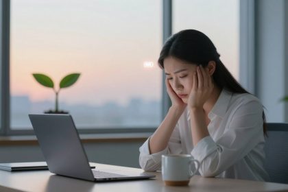 A woman sits at a desk in an office, holding her head in her hands, looking stressed. A laptop, notebook, and mug are on the desk. The window shows a sunset sky.