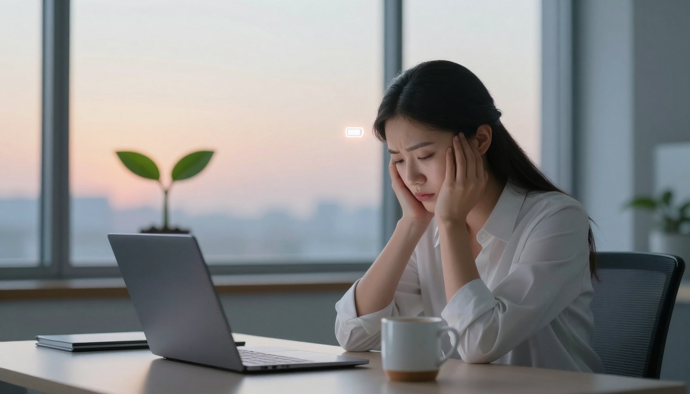 A woman sits at a desk in an office, holding her head in her hands, looking stressed. A laptop, notebook, and mug are on the desk. The window shows a sunset sky.