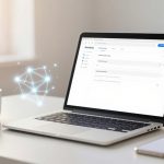 A laptop displaying a webpage sits on a white desk next to a steaming white coffee mug. A smartphone lies nearby. A glowing network graphic floats next to the laptop.