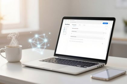 A laptop displaying a webpage sits on a white desk next to a steaming white coffee mug. A smartphone lies nearby. A glowing network graphic floats next to the laptop.