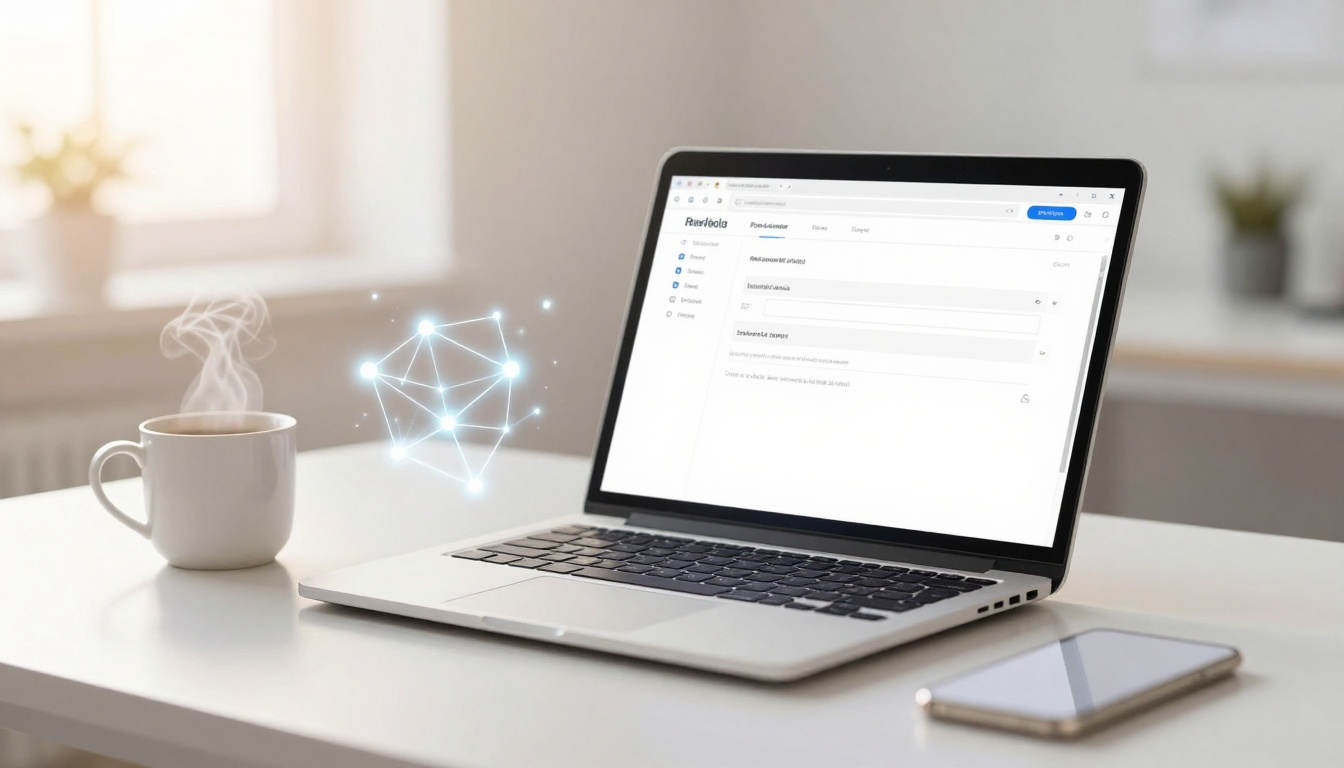 A laptop displaying a webpage sits on a white desk next to a steaming white coffee mug. A smartphone lies nearby. A glowing network graphic floats next to the laptop.