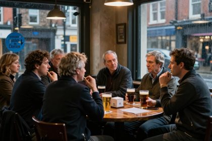Seven people sit around a wooden table in a pub, discussing. They have pints of beer, and rain is visible outside the large windows.