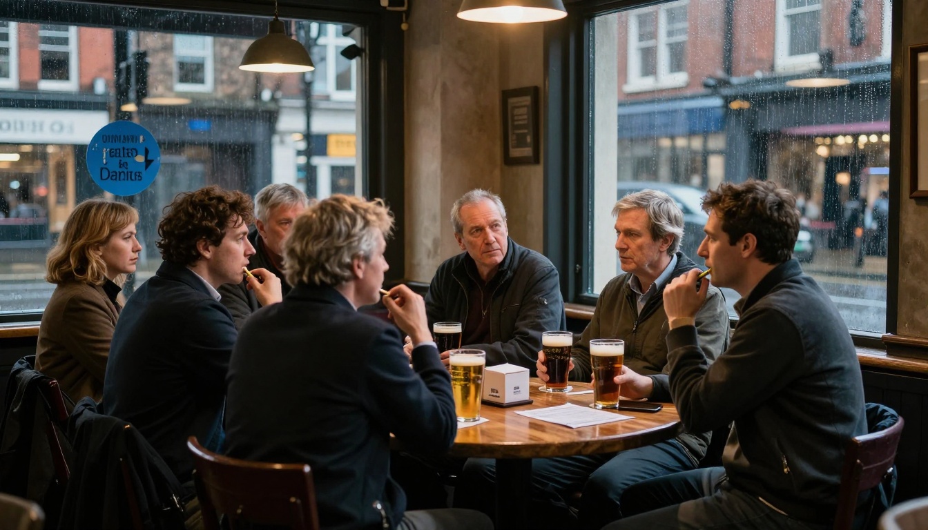 Seven people sit around a wooden table in a pub, discussing. They have pints of beer, and rain is visible outside the large windows.