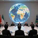 A group of people in suits sit around a large round table in a conference room. A large digital globe is projected on the wall behind them. Various national flags are displayed, including those of China, USA, Italy, Brazil, Russia, and Colombia.
