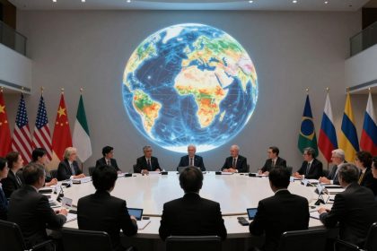 A group of people in suits sit around a large round table in a conference room. A large digital globe is projected on the wall behind them. Various national flags are displayed, including those of China, USA, Italy, Brazil, Russia, and Colombia.