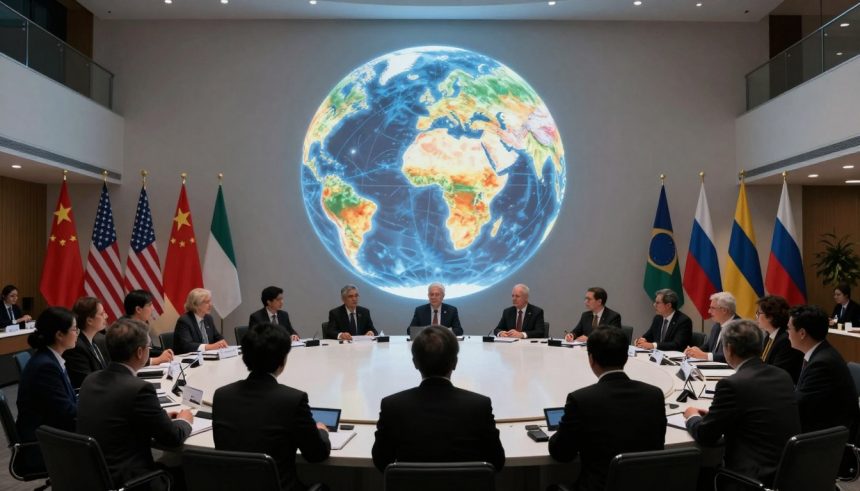 A group of people in suits sit around a large round table in a conference room. A large digital globe is projected on the wall behind them. Various national flags are displayed, including those of China, USA, Italy, Brazil, Russia, and Colombia.