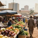 A bustling outdoor market with vendors and shoppers. Stalls display colorful fruits and vegetables. People wear traditional clothing. In the background, buildings rise under a hazy sky.
