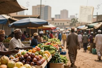 A bustling outdoor market with vendors and shoppers. Stalls display colorful fruits and vegetables. People wear traditional clothing. In the background, buildings rise under a hazy sky.