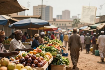 A bustling outdoor market with vendors and shoppers. Stalls display colorful fruits and vegetables. People wear traditional clothing. In the background, buildings rise under a hazy sky.