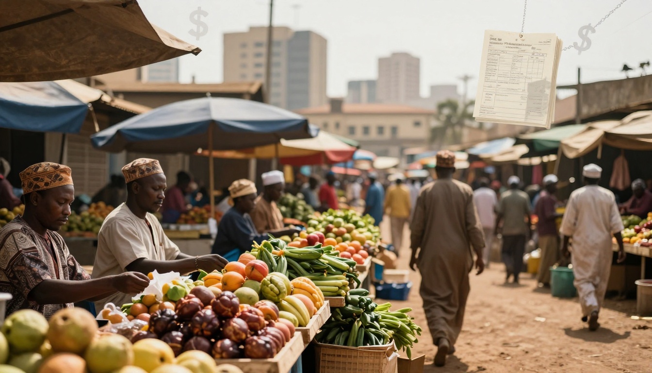 A bustling outdoor market with vendors and shoppers. Stalls display colorful fruits and vegetables. People wear traditional clothing. In the background, buildings rise under a hazy sky.