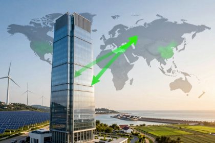 A tall glass skyscraper stands near wind turbines and solar panels, with a world map and green arrows in the background. The setting includes a coastal landscape with fields and a body of water.