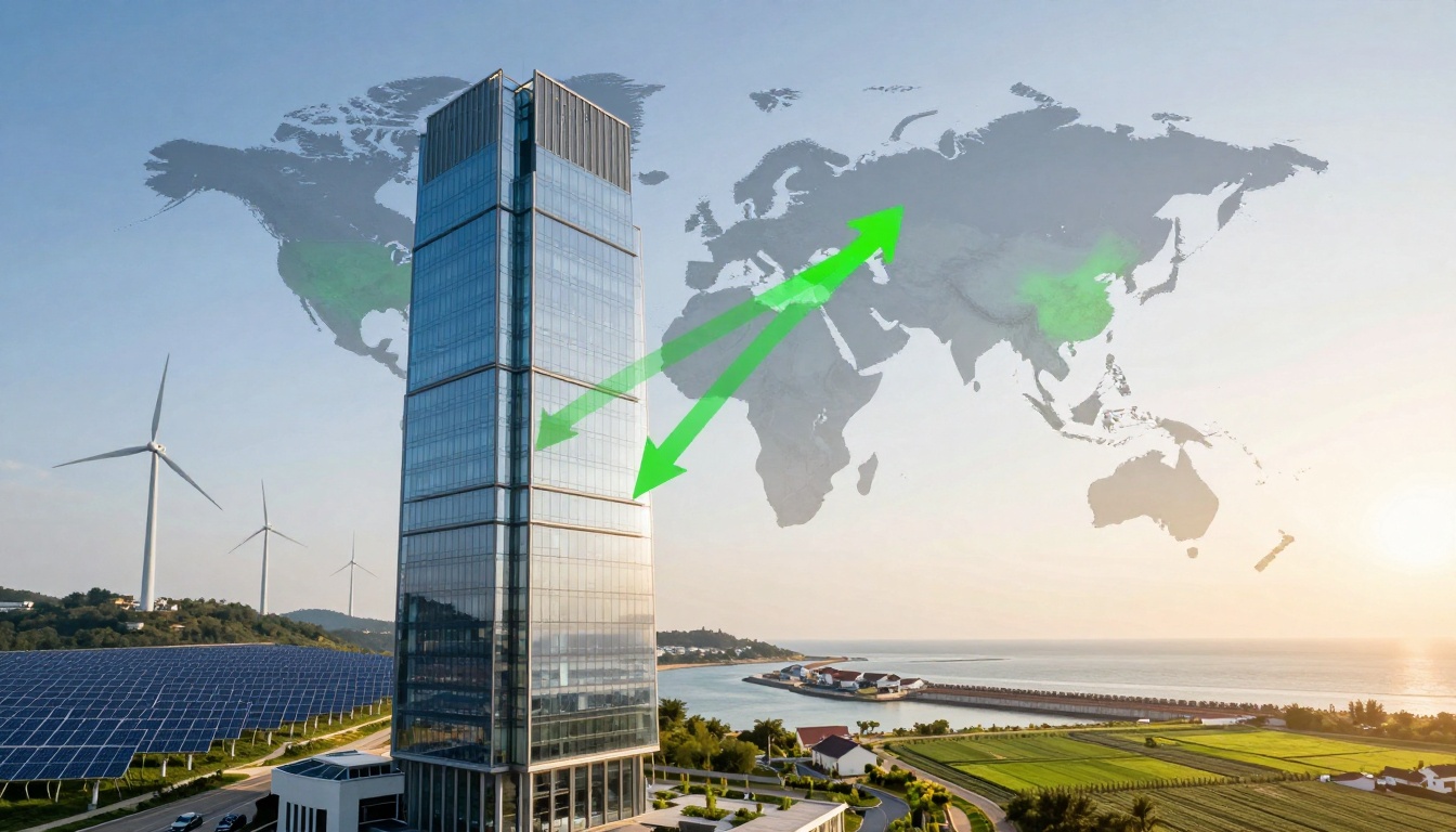 A tall glass skyscraper stands near wind turbines and solar panels, with a world map and green arrows in the background. The setting includes a coastal landscape with fields and a body of water.