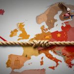 A map of Europe features a tug-of-war theme with a thick rope across it. On the left, a red hammer and a torn EU flag appear. On the right, an eagle carrying a "Russia" label and a rocket flies above a map colored with flags, including China's.