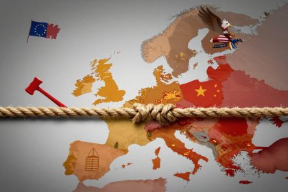 A map of Europe features a tug-of-war theme with a thick rope across it. On the left, a red hammer and a torn EU flag appear. On the right, an eagle carrying a "Russia" label and a rocket flies above a map colored with flags, including China's.