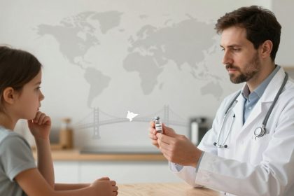 A doctor in a white coat holds a vaccine vial, showing it to a young girl with a ponytail. They are in a modern room with a world map and bridge illustration in the background.