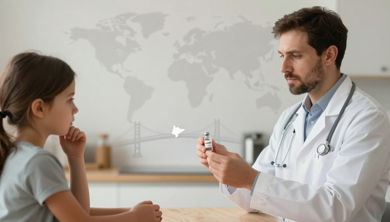 A doctor in a white coat holds a vaccine vial, showing it to a young girl with a ponytail. They are in a modern room with a world map and bridge illustration in the background.