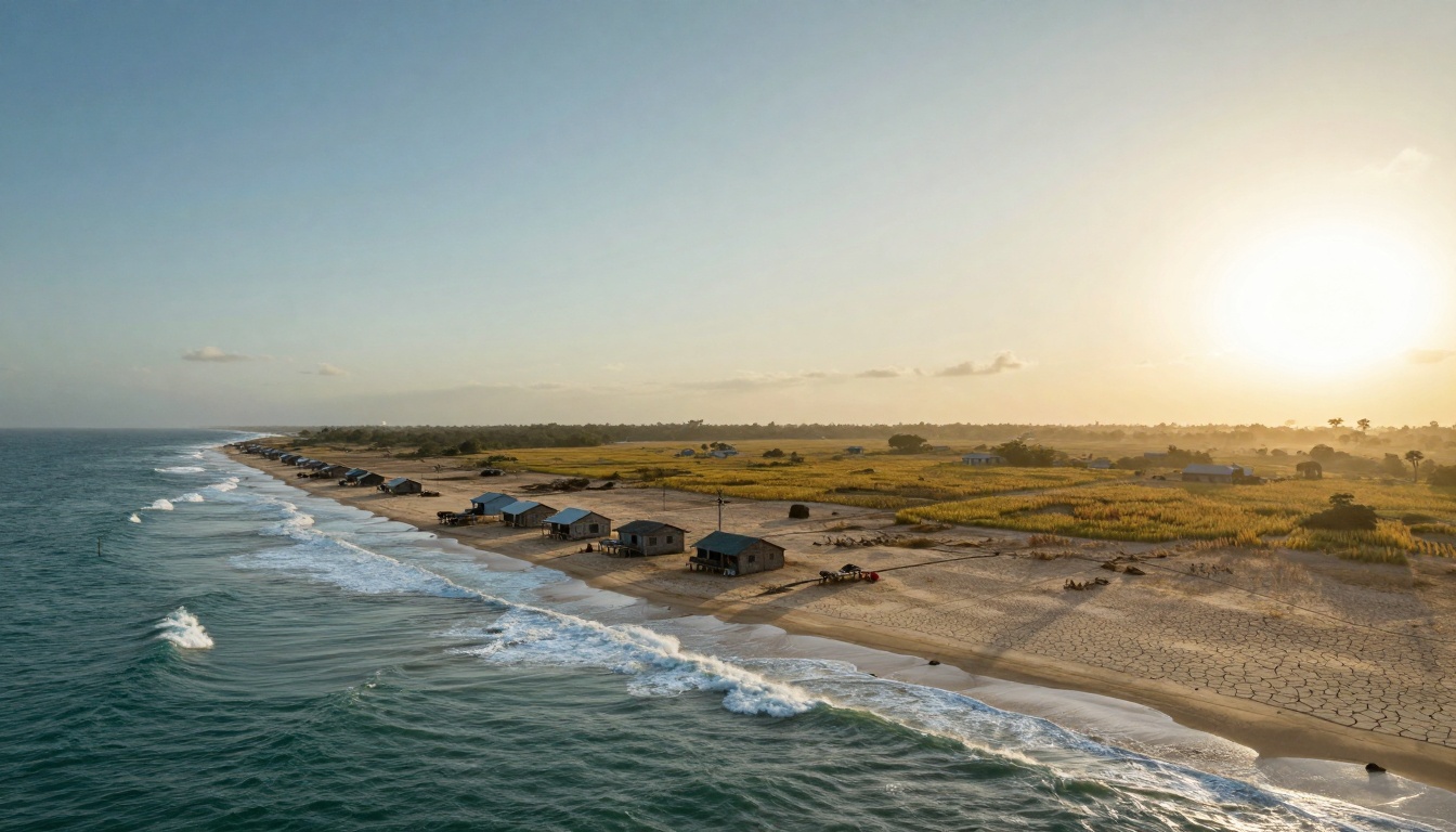 A coastal landscape at sunset, showing waves crashing on the shore. Small houses with blue roofs line the sandy beach. The sun is low in the sky, casting a golden light over fields and sparse vegetation in the background.