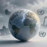 A globe with cloud cover and lightning strikes is centered. Surrounding it are illustrations of a factory emitting smoke, a building, a helmet, an oil cloud, and a logo resembling the United Nations emblem. The background is a cloudy sky.