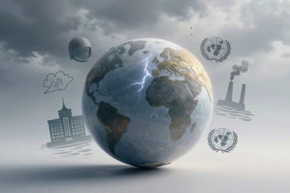 A globe with cloud cover and lightning strikes is centered. Surrounding it are illustrations of a factory emitting smoke, a building, a helmet, an oil cloud, and a logo resembling the United Nations emblem. The background is a cloudy sky.