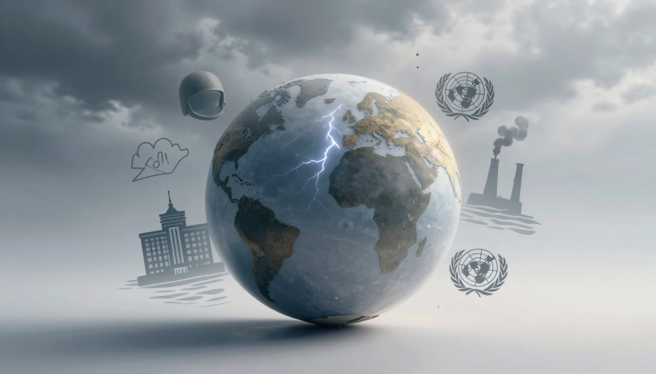A globe with cloud cover and lightning strikes is centered. Surrounding it are illustrations of a factory emitting smoke, a building, a helmet, an oil cloud, and a logo resembling the United Nations emblem. The background is a cloudy sky.