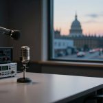 A podcast studio with a vintage microphone and audio equipment on a table. Through the window, a cityscape with a clock tower at sunset.