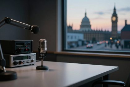A podcast studio with a vintage microphone and audio equipment on a table. Through the window, a cityscape with a clock tower at sunset.