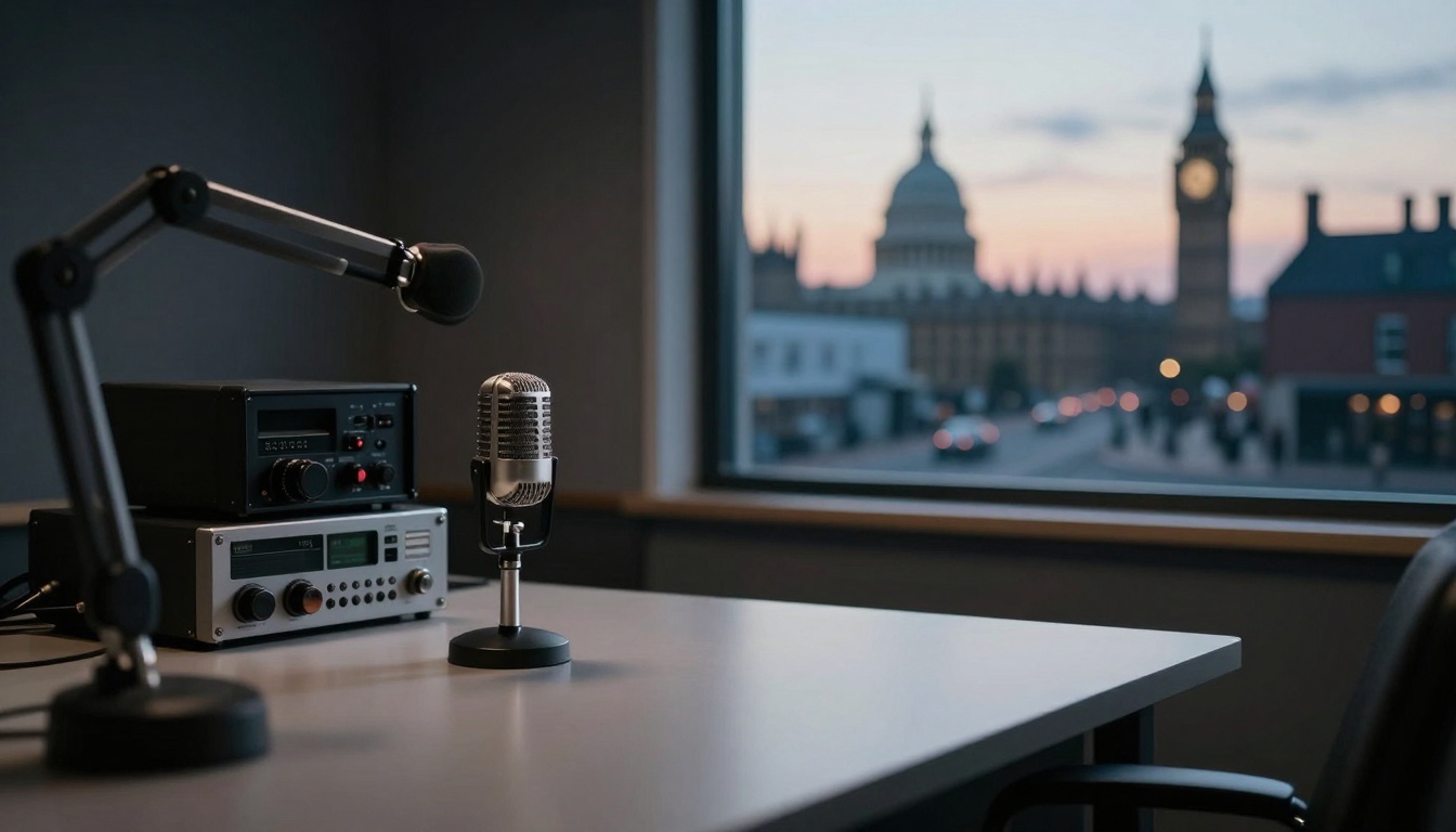 A podcast studio with a vintage microphone and audio equipment on a table. Through the window, a cityscape with a clock tower at sunset.