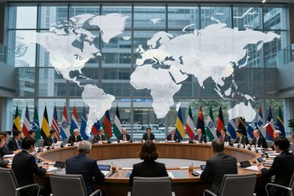 A group of people in suits sit around a large circular conference table with laptops and documents. A large world map is displayed on a glass wall behind them. Multiple national flags line the background, indicating an international meeting. The setting is a modern conference room with large windows.