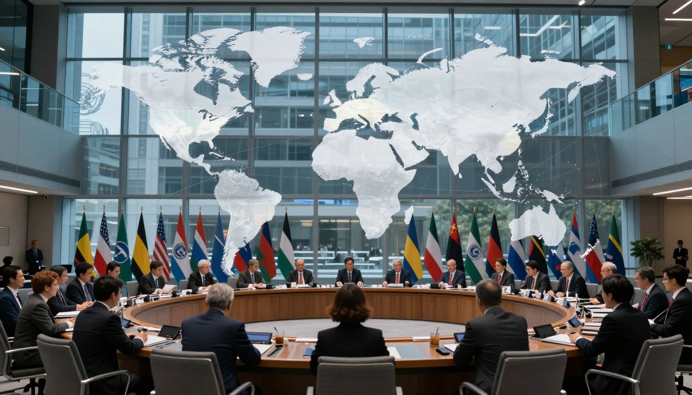 A group of people in suits sit around a large circular conference table with laptops and documents. A large world map is displayed on a glass wall behind them. Multiple national flags line the background, indicating an international meeting. The setting is a modern conference room with large windows.
