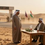 A group of men in traditional Middle Eastern attire sit at a table with steaming cups of tea in a desert setting. A person stands talking to them. Soldiers in uniform stand to the side, and flags of Qatar and India are visible in the background.