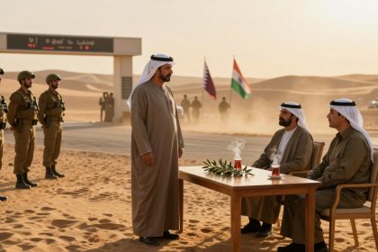 A group of men in traditional Middle Eastern attire sit at a table with steaming cups of tea in a desert setting. A person stands talking to them. Soldiers in uniform stand to the side, and flags of Qatar and India are visible in the background.