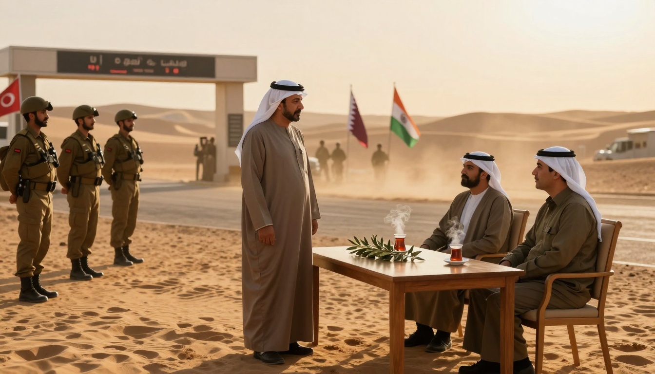 A group of men in traditional Middle Eastern attire sit at a table with steaming cups of tea in a desert setting. A person stands talking to them. Soldiers in uniform stand to the side, and flags of Qatar and India are visible in the background.