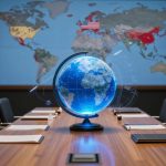 A conference room with a wooden table, surrounded by black chairs, featuring a glowing blue globe in the center. A world map is visible on the wall in the background, and papers are arranged on the table.