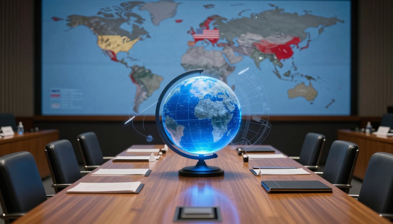 A conference room with a wooden table, surrounded by black chairs, featuring a glowing blue globe in the center. A world map is visible on the wall in the background, and papers are arranged on the table.