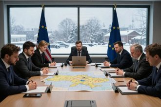 Seven people in suits sit around a conference table with a map in the center. Flags of the EU and USA are visible. A snowy scene is outside the window.