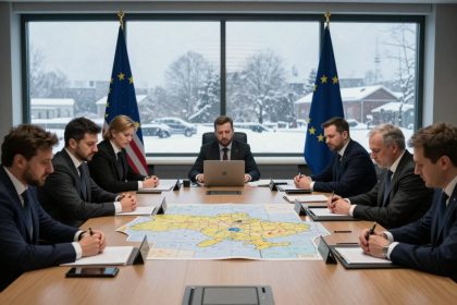 Seven people in suits sit around a conference table with a map in the center. Flags of the EU and USA are visible. A snowy scene is outside the window.