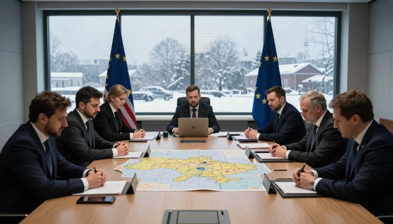 Seven people in suits sit around a conference table with a map in the center. Flags of the EU and USA are visible. A snowy scene is outside the window.
