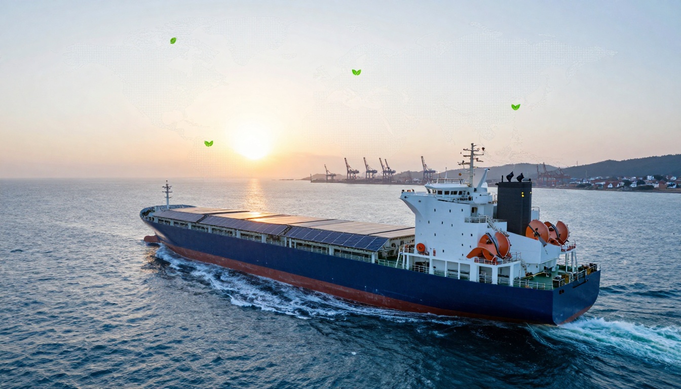 A cargo ship with solar panels on the deck navigates through the ocean at sunset. Cranes and a port are visible in the background.