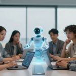 A group of five people in a conference room, sitting at a table with laptops. A holographic robot is displayed in the center.